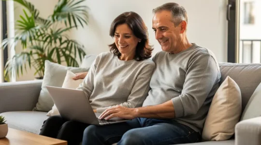 Couple français consultant un rachat de crédits sur ordinateur dans leur salon