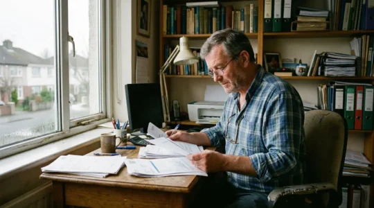 Un homme en chemise consulte des documents financiers près d'une fenêtre dans un bureau simple