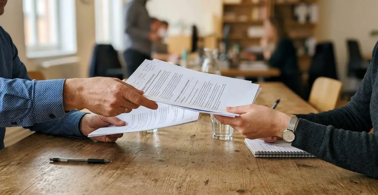 Deux paires de mains échangent des documents au-dessus d'une table de réunion sobre