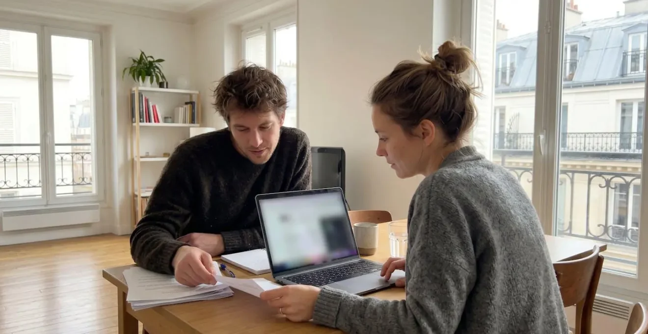 Un couple trentenaire assis côte à côte devant un ordinateur portable moderne dans un appartement parisien lumineux