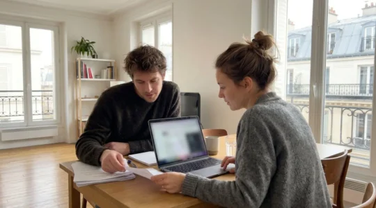 Un couple trentenaire assis côte à côte devant un ordinateur portable moderne dans un appartement parisien lumineux