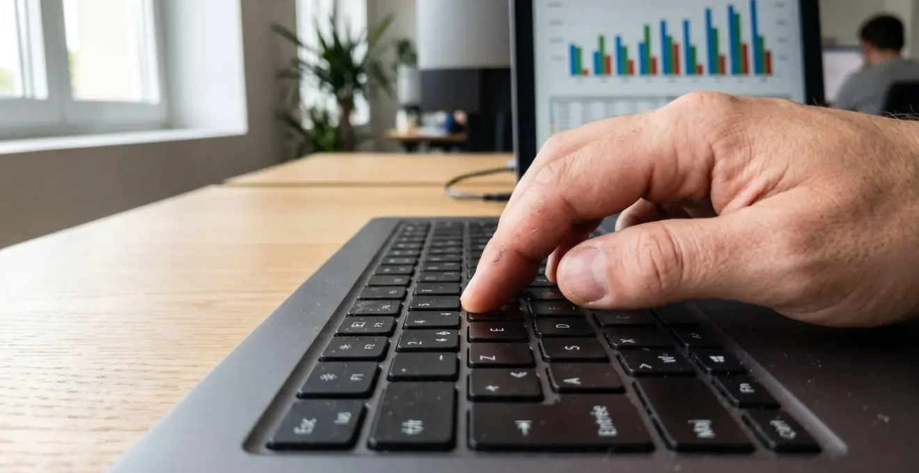 Gros plan sur une main tapant sur le clavier d'un ordinateur portable moderne, avec un graphique financier flouté en arrière-plan