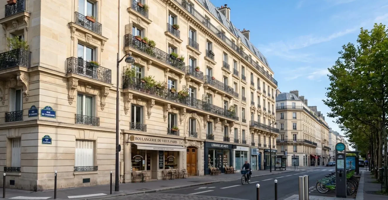 Façade en pierre de taille d'un immeuble haussmannien typique dans l'est parisien sous un ciel dégagé