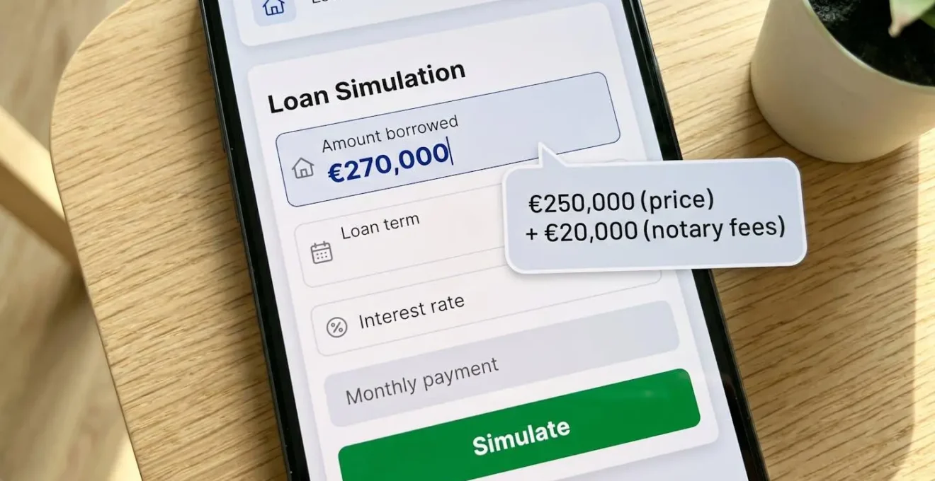 Illustration de l'interface d'un simulateur de prêt avec le montant total incluant frais de notaire.