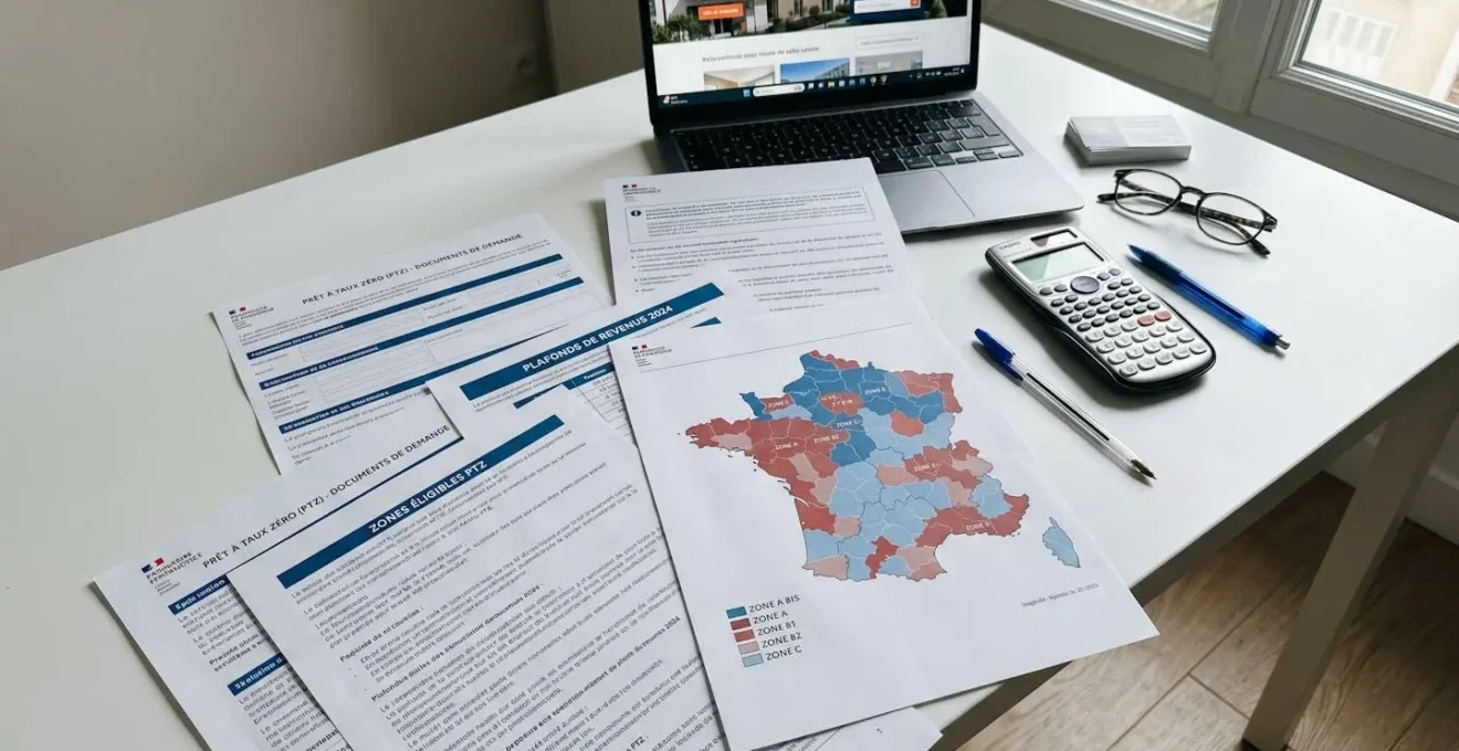Bureau avec documents officiels du Prêt à Taux Zéro, calculatrice et carte des zones géographiques éligibles, main professionnelle analysant les chiffres