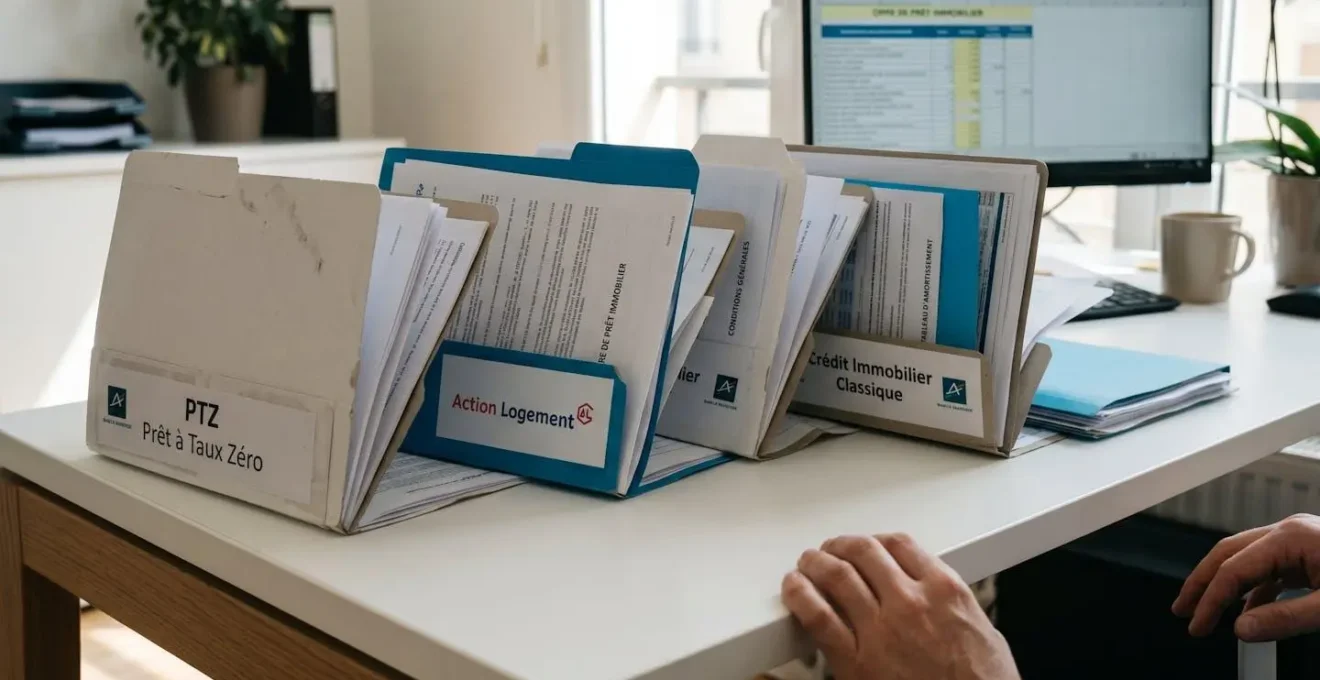 Bureau moderne avec plusieurs dossiers de prêt immobilier distincts (PTZ, Action Logement, crédit classique) disposés côte à côte, stylo sur contrat prêt à signer