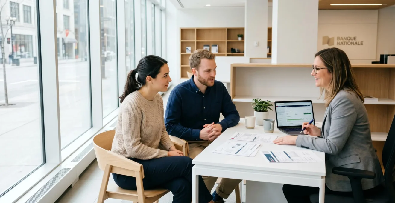 Jeune couple rencontrant un conseiller bancaire dans une agence moderne pour discuter d'un projet de prêt immobilier, documents de simulation visibles sur le bureau