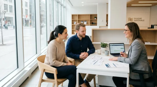 Jeune couple rencontrant un conseiller bancaire dans une agence moderne pour discuter d'un projet de prêt immobilier, documents de simulation visibles sur le bureau