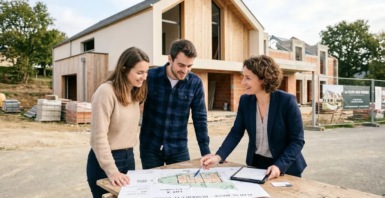 Jeune couple visitant une maison contemporaine en compagnie d'un conseiller bancaire, plans immobiliers visibles, contexte de primo-accession avec financement PTZ