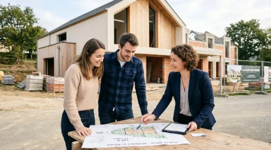 Jeune couple visitant une maison contemporaine en compagnie d'un conseiller bancaire, plans immobiliers visibles, contexte de primo-accession avec financement PTZ