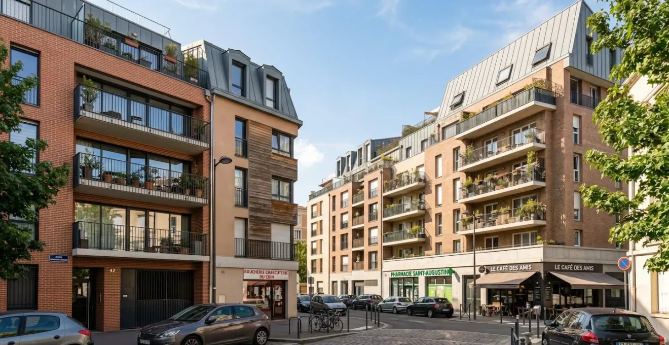 Quartier résidentiel contemporain français en zone urbaine dense, représentant une zone PTZ A ou B1