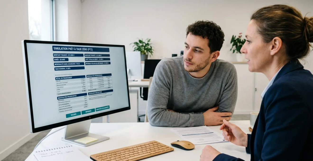 Simulation de plan de financement PTZ sur écran d'ordinateur lors d'une consultation bancaire avec un primo-accédant